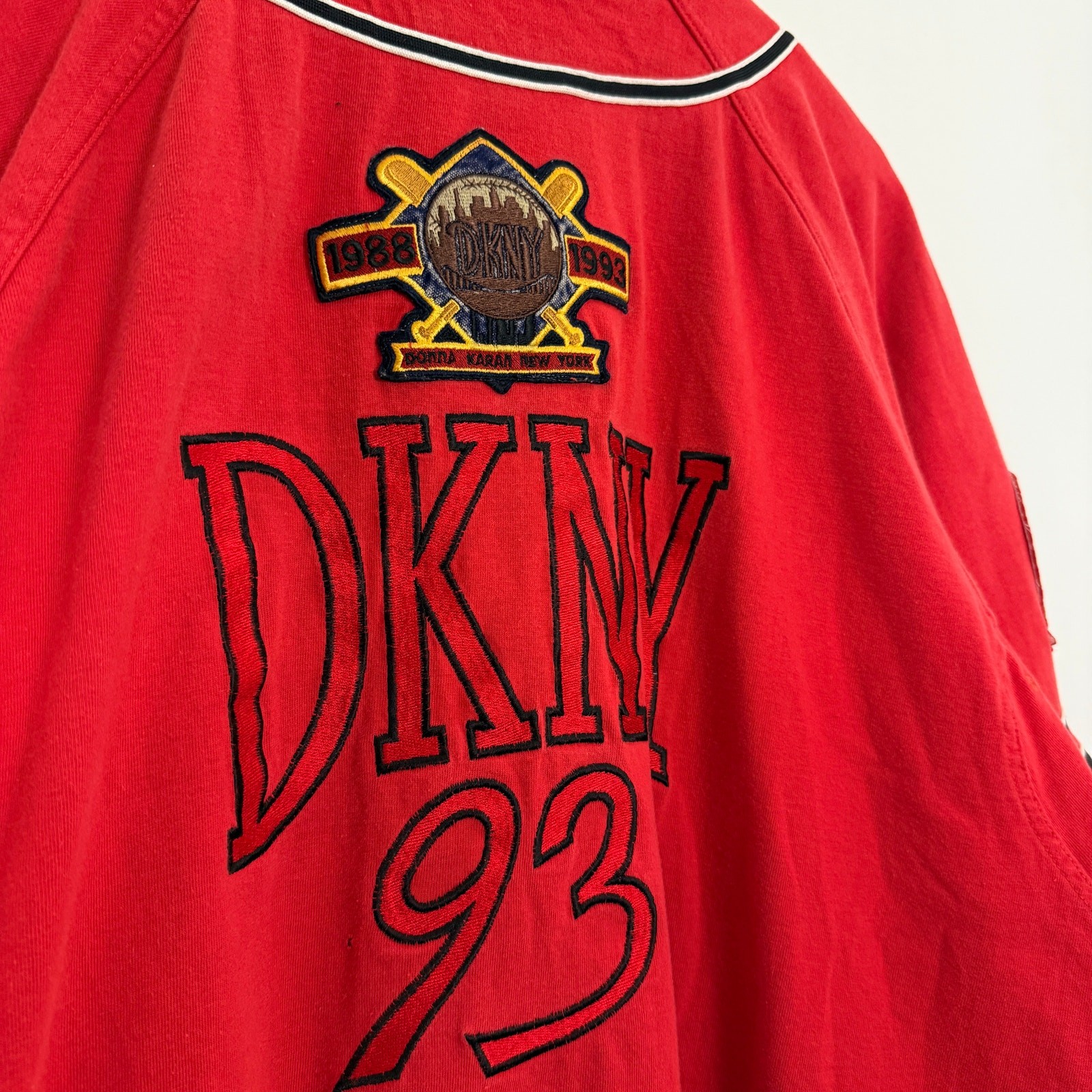 Vintage 90s DKNY Patchwork Baseball Jersey Button Up Shirt Streetwear Sportswear gallery