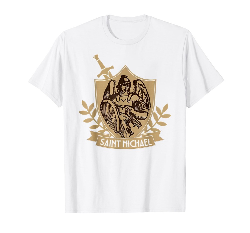 NEW! St. Saint Michael Catholic Shield MANY COLOR OPTIONS T-Shirt – MADE IN USA