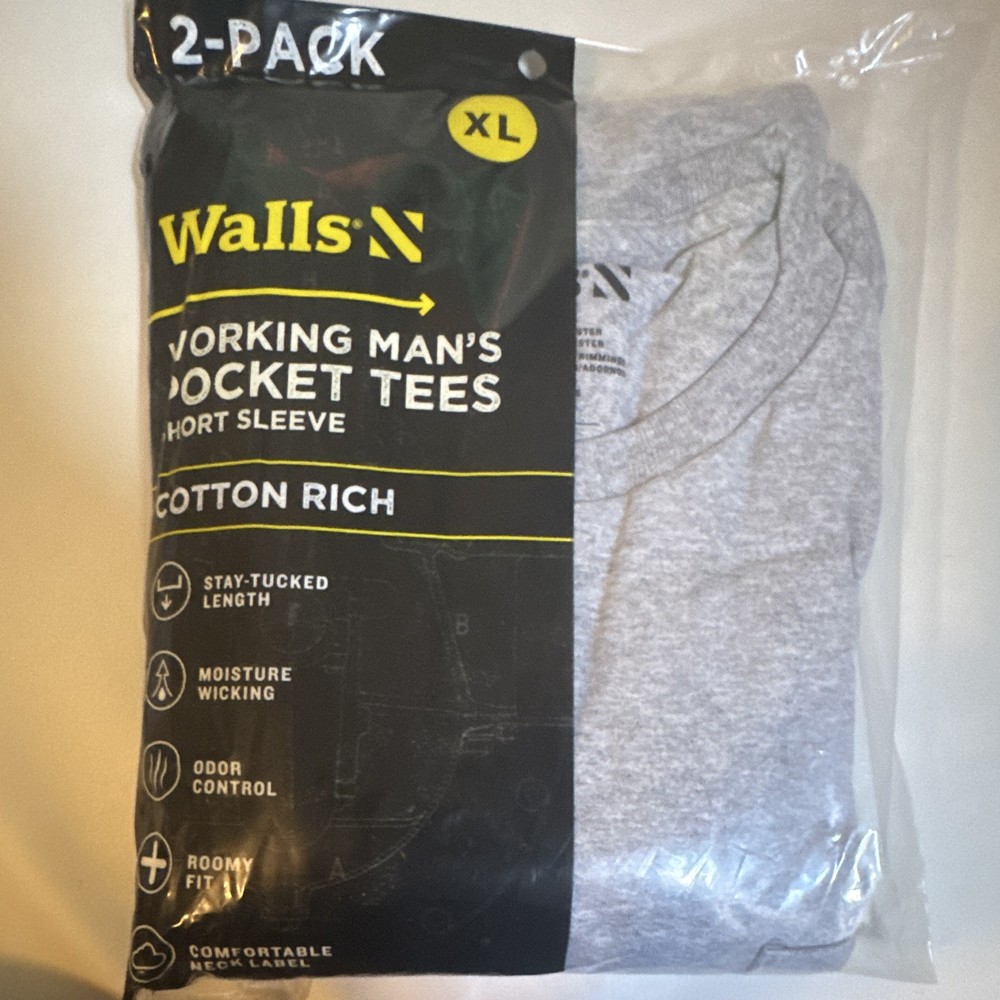 Walls Men’s Pocket Tee 2-Pack Gray XL Roomy Crew Moisture Wicking Odor