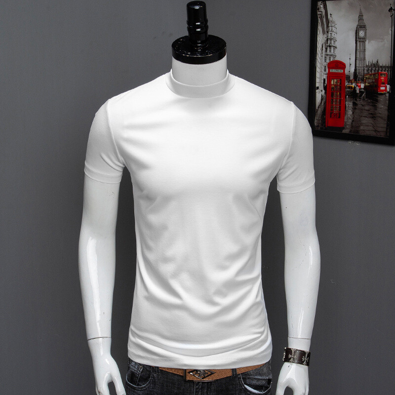 Mens Summer Half High Collar Silk Cotton Short Sleeved Slim Fit Shirts Comfort