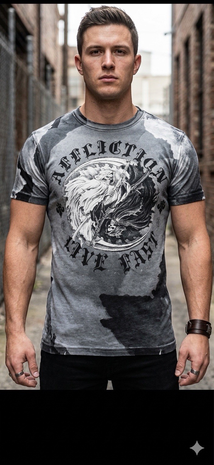 $58 AFFLICTION White Black YING YANG Short Sleeve Slim Fit Y2K T-shirt NWT gallery