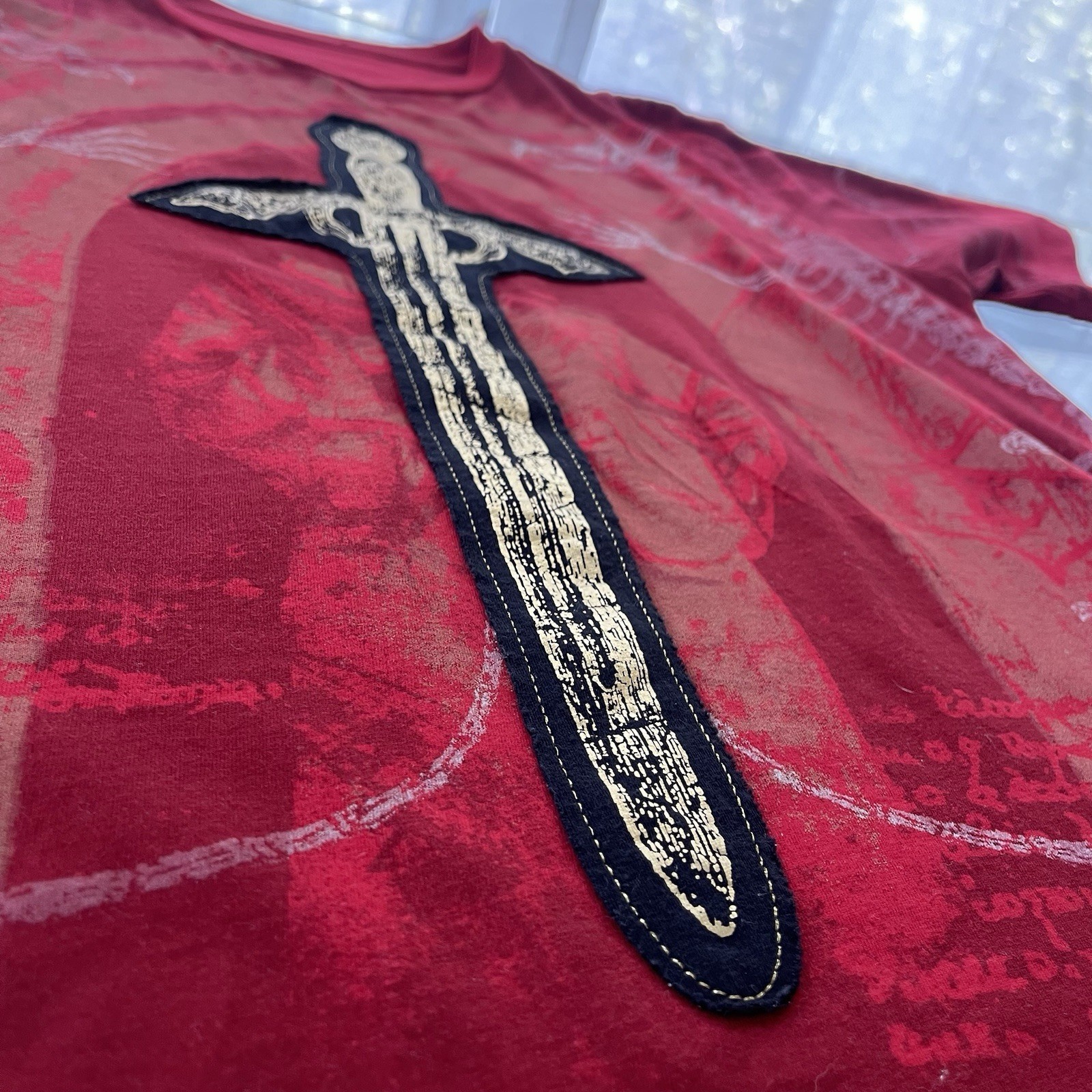 Mens All Over Graphic Y2K T Shirt Size M Red Alternative Punk Cross Grunge gallery