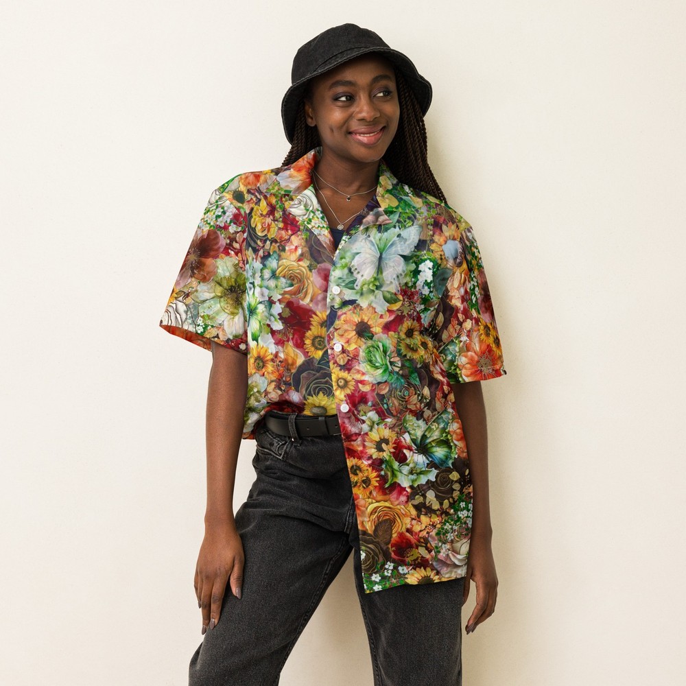 “Black Power” All-Over-Print Floral Oversized Unisex Button-Down Shirt