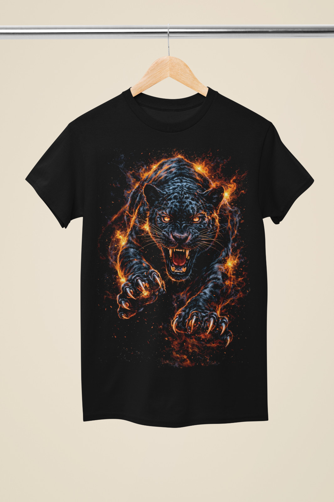 Black Panther Attack Graphic T-Shirt | Fire Big Cat Art | Black Tee gallery