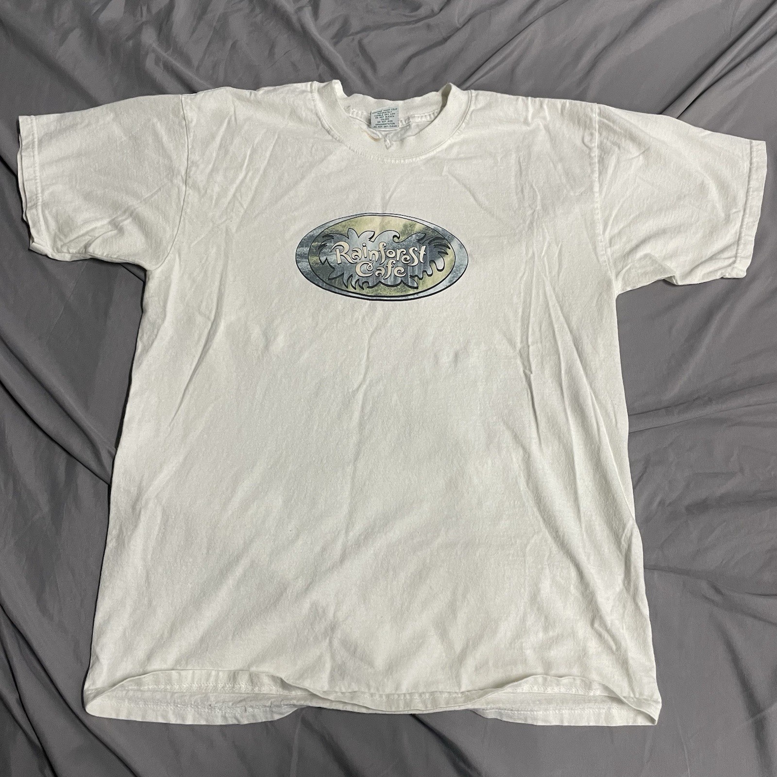 Vintage 90s Rainforest Cafe White T Shirt Size L Made In USA Cotton Restaurant