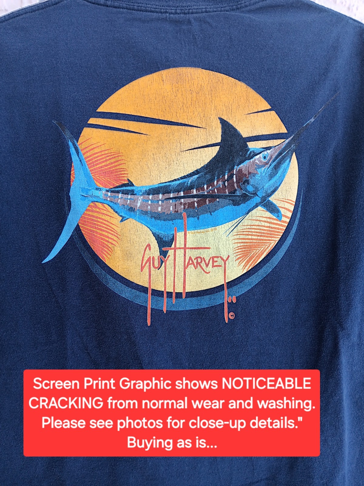 Guy Harvey By AFTCO Bluewater T Shirt Mens Sz XL Graphic Logo Pocket Navy Flaws gallery