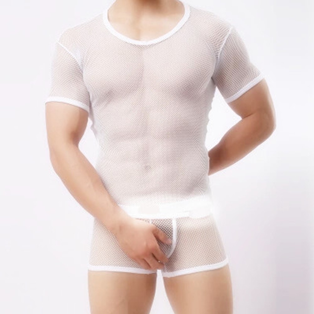 Cotton Mesh Mens T Shirts See Through Summer Thin Tops White Black Casual gallery