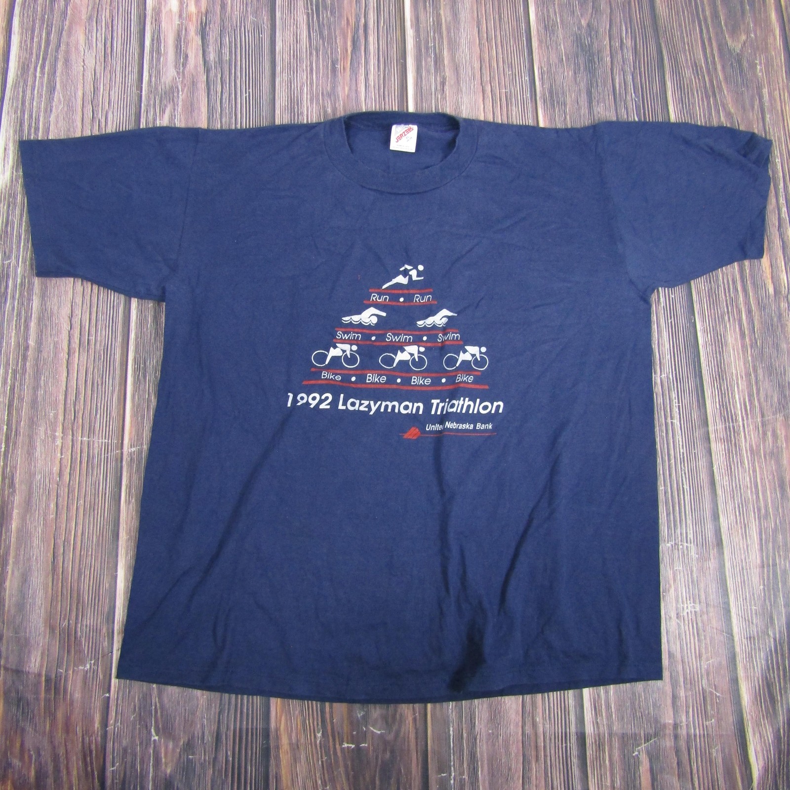 Vintage Jerzees Shirt Mens XL Blue 1992 Lazyman Triathlon Graphic Sports Tee 90s