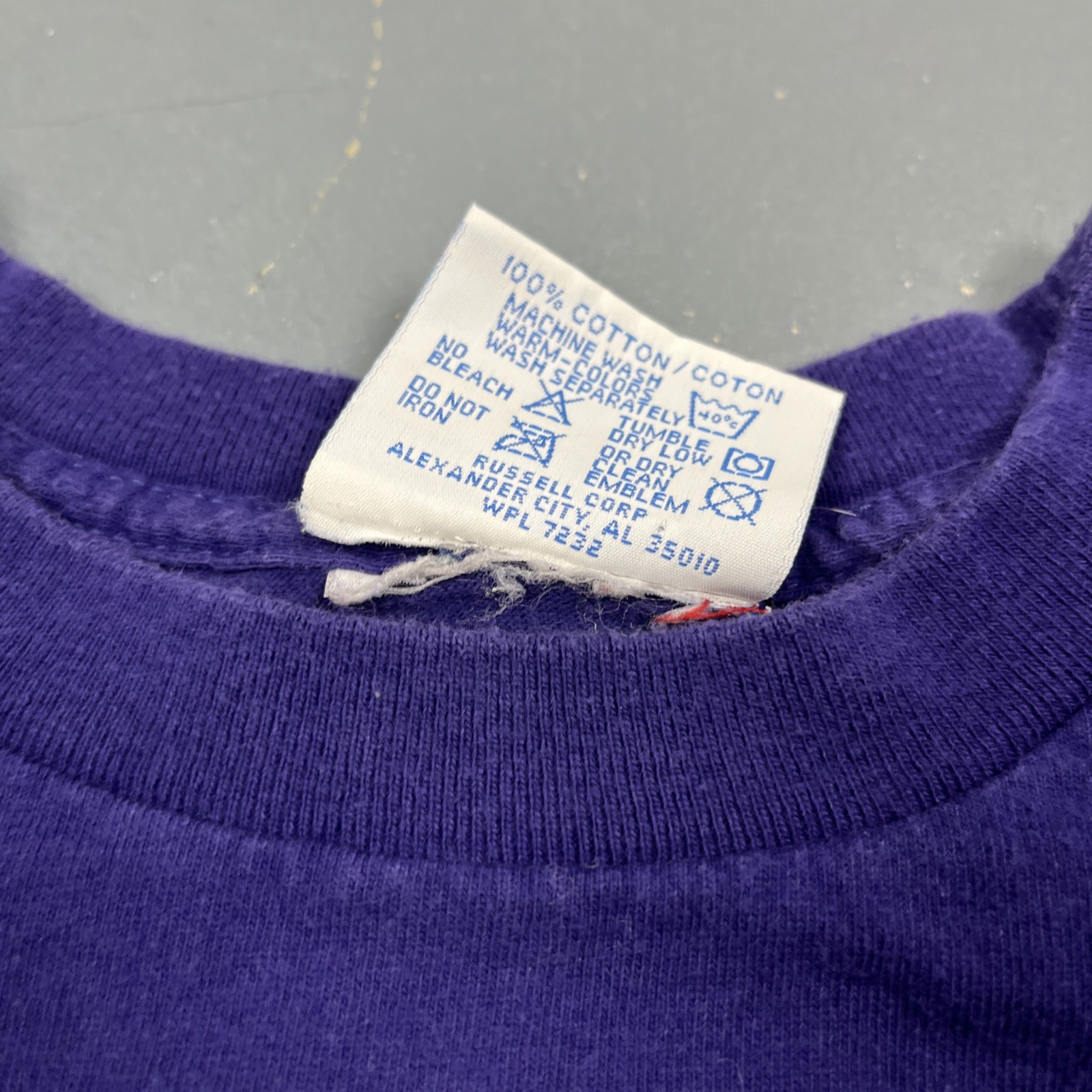 Vintage 90s Russell Athletic Embroidered Tshirt Purple Medium Single Stitch VTG gallery