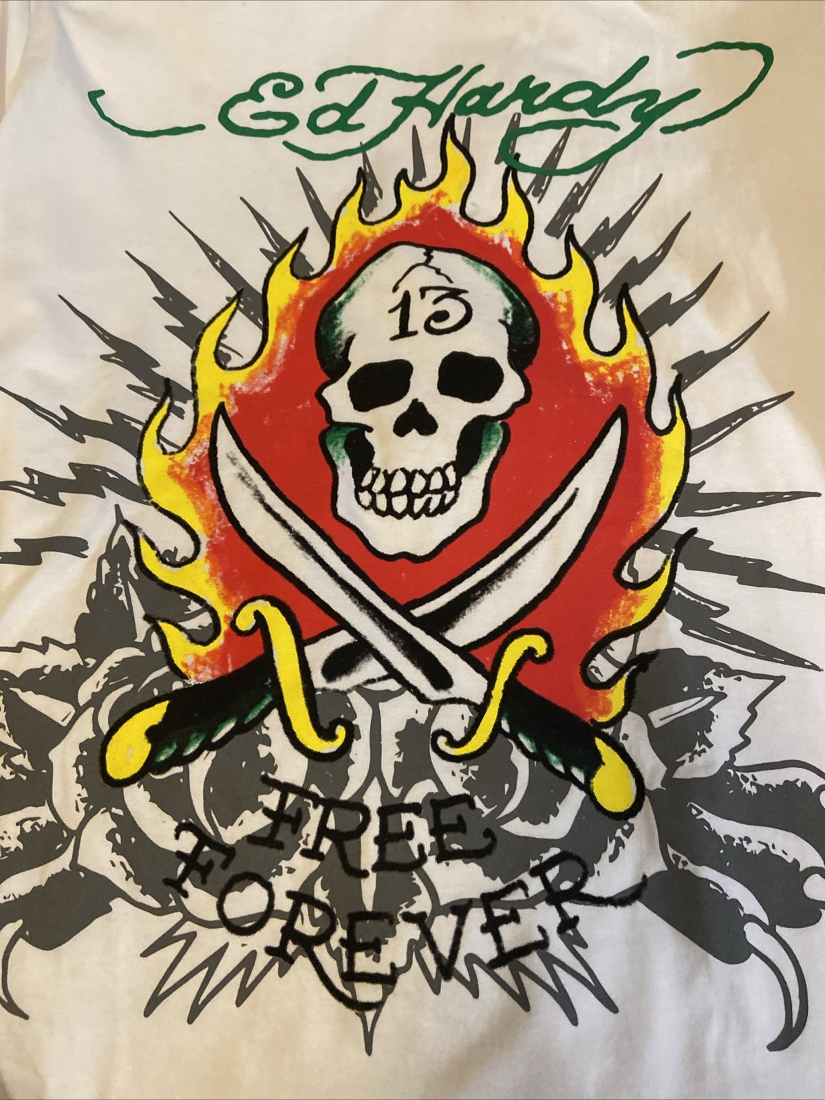 NWT Ed Hardy Flame Skull Swords 13 Cloud Dancer Forever Free Unisex L New gallery