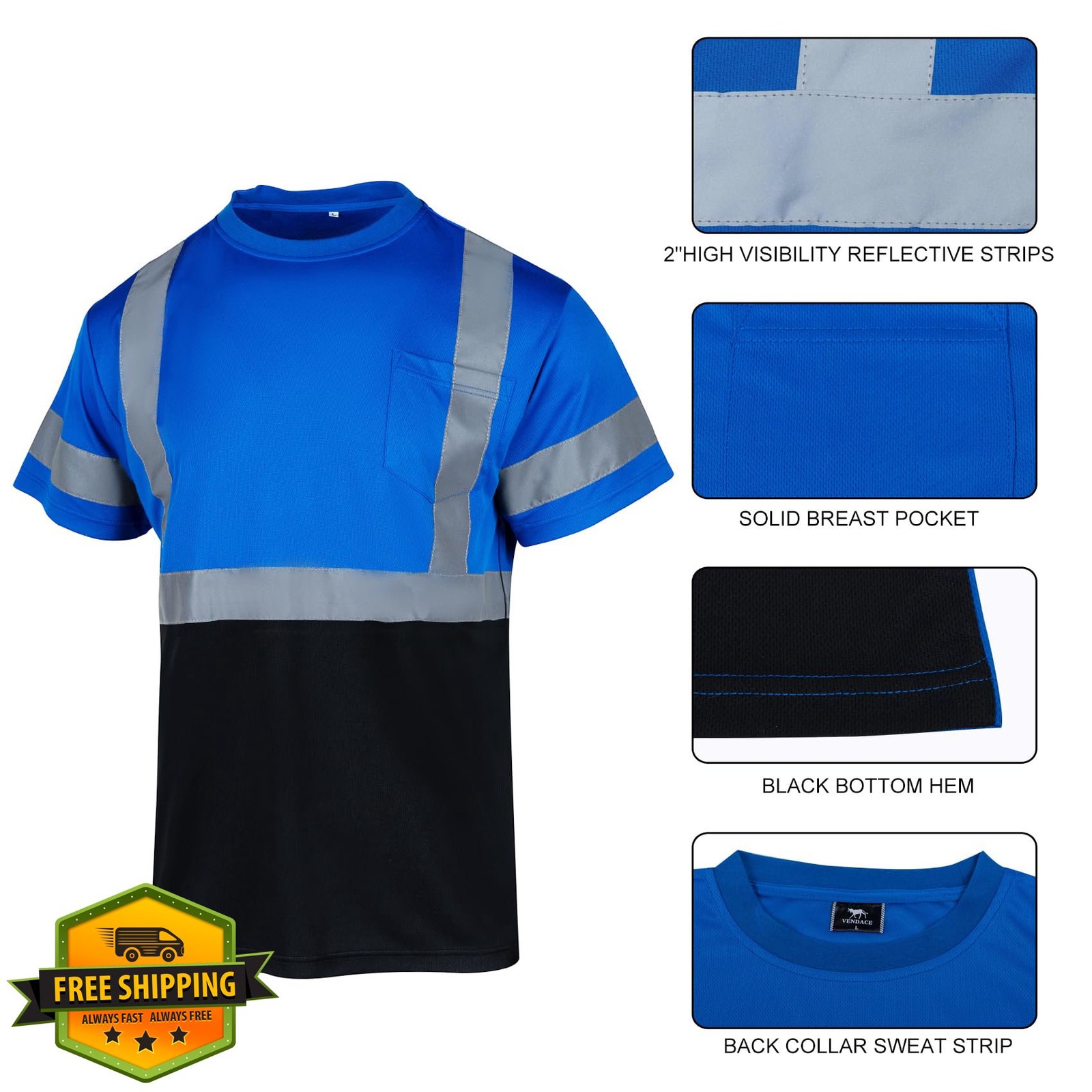 VENDACE Men's Hi Vis Reflective Safety Shirt, ANSI Class 1, Blue 4XL gallery