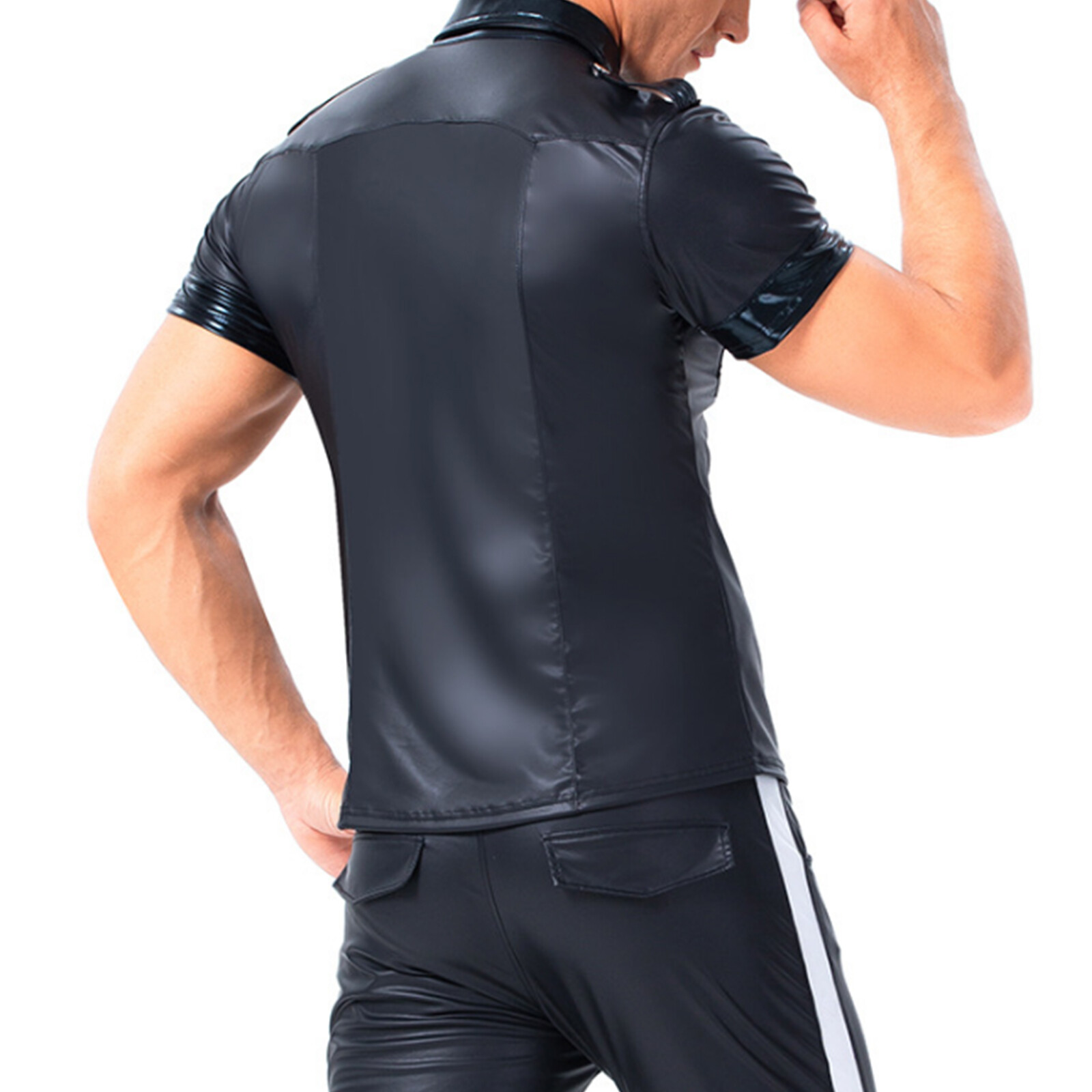 Men's Faux Leather T Shirt Wet Look Short Sleeve Slim Tights Top Clubwear Party gallery