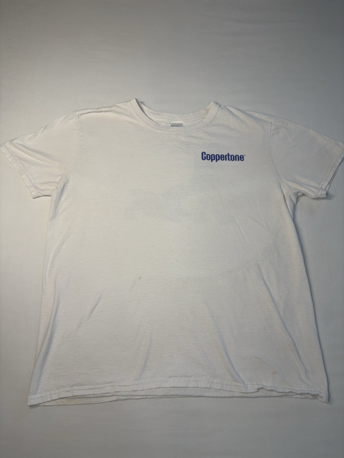 Coppertone Logo Sunscreen Lotion White Tee Shirt Retro 90s Gilden Size L Vintage gallery