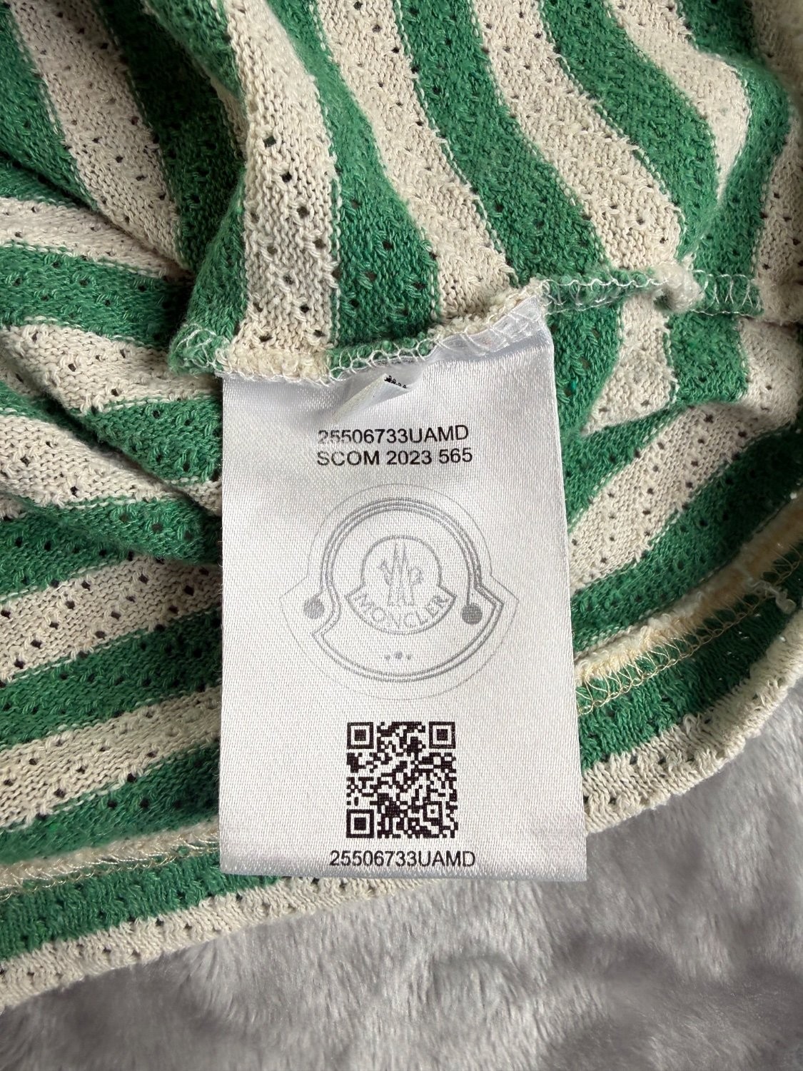 Moncler Striped Pointelle Knit T-Shirt Green White Terry Logo Patch Men's Size M gallery