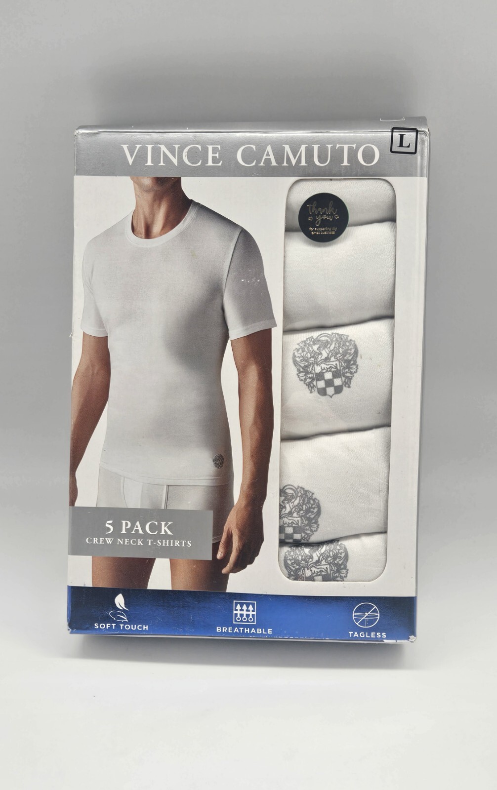 5 Pack VINCE CAMUTO Men’s S M L White Logo Crew Neck Cotton T Shirt Set