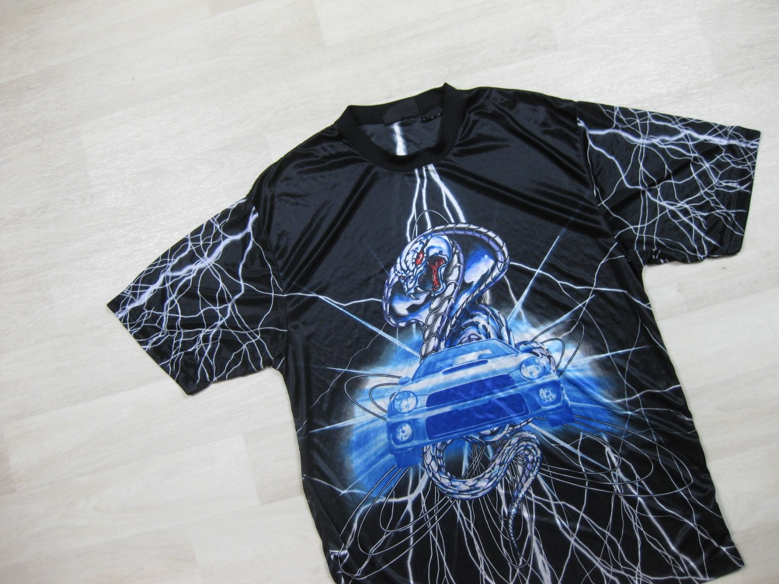 Vintage Y2K No Boundaries AOP Sheer Satin T Shirt Men's (L) Car Cobra Lightening gallery