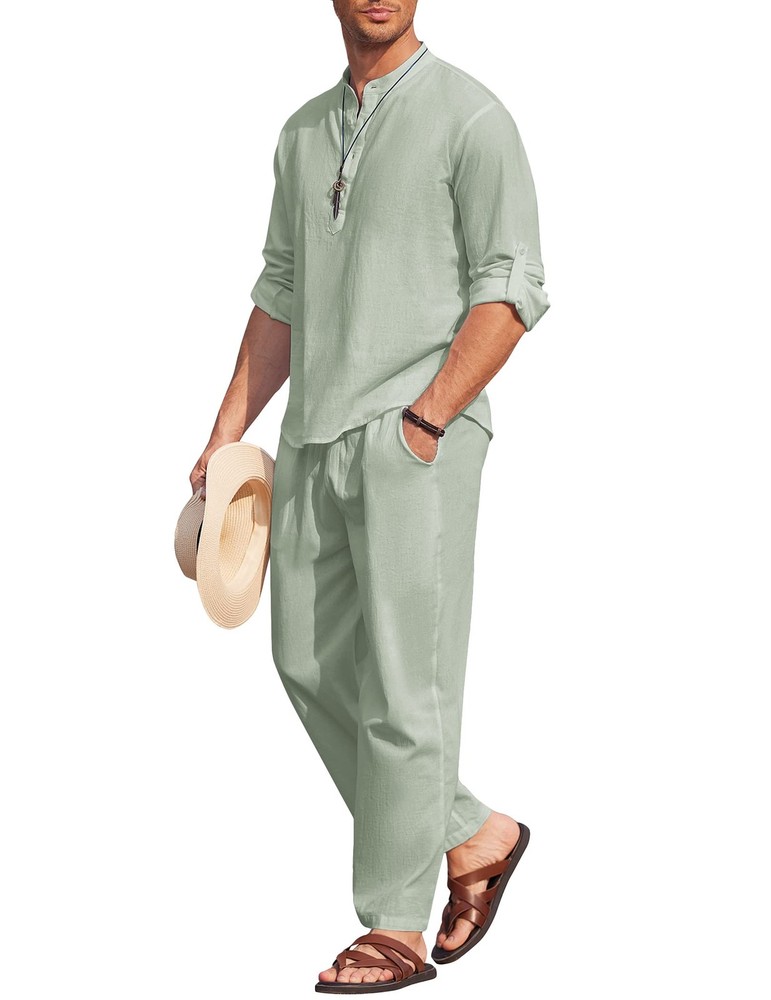 COOFANDY Men’s 2 Pieces Cotton Linen Set Long Sleeve Henley Shirts Casual Beach