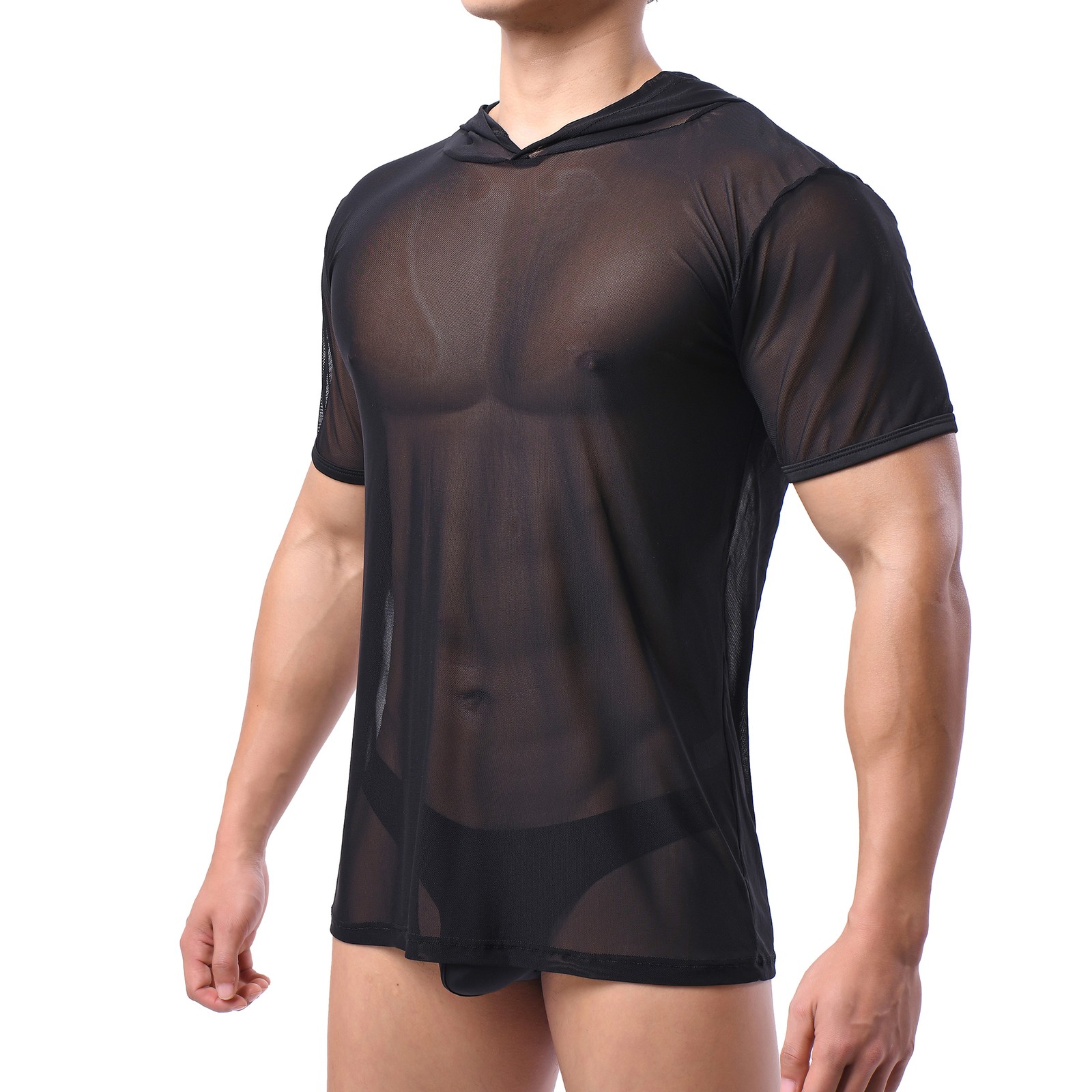 Mens See-through Mesh Hooded T-Shirts Short Sleeve Loose Fit Breathable Gym Tops gallery