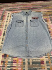 2008 Myrtle Beach Spring Rally Sleeveless Denim Shirt Frayed Arm Holes XL Stains
