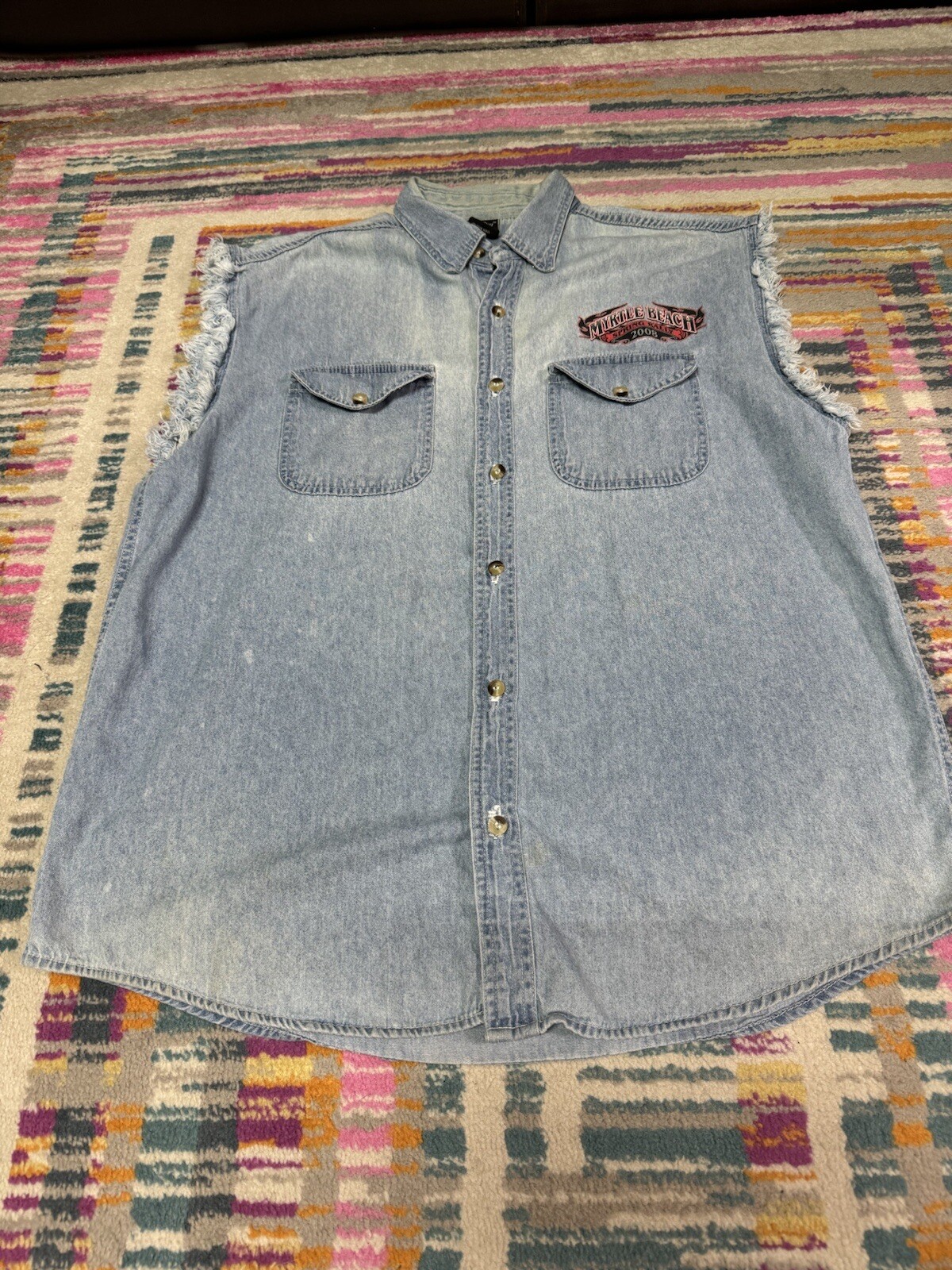 2008 Myrtle Beach Spring Rally Sleeveless Denim Shirt Frayed Arm Holes XL Stains