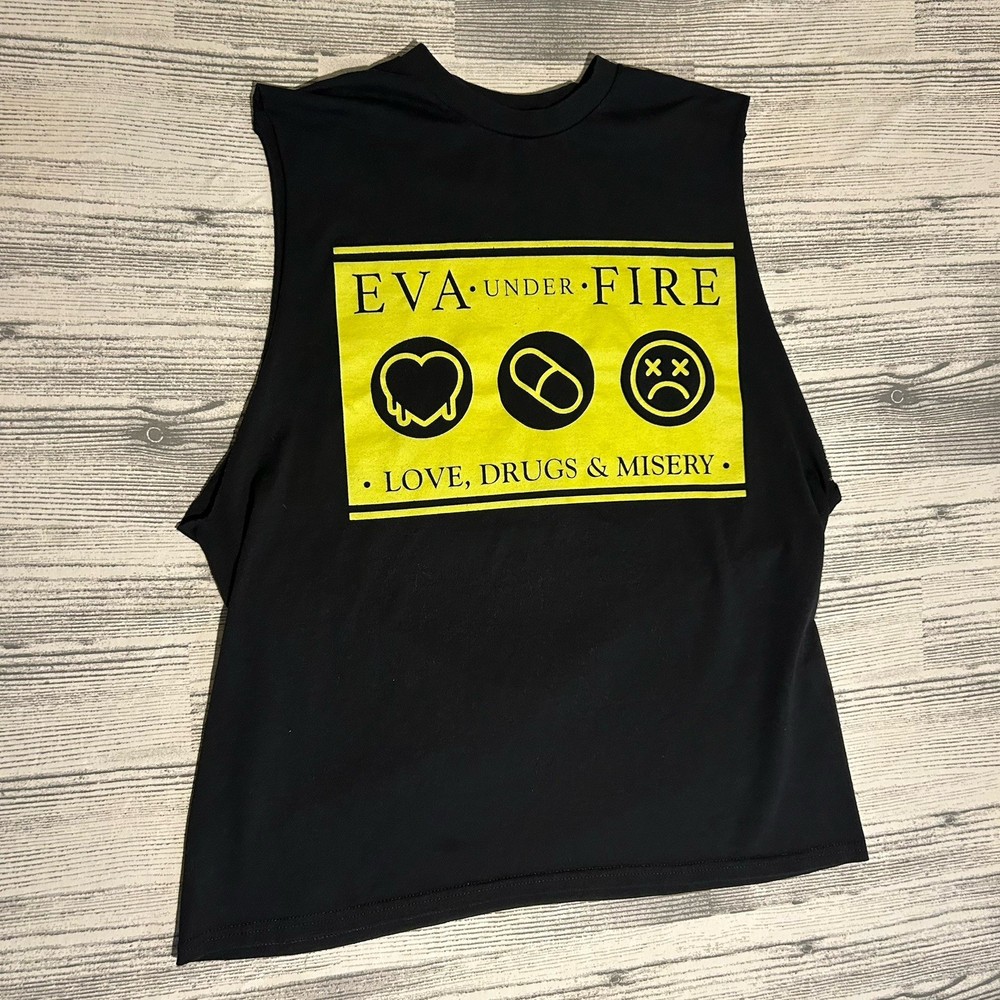 Eva Under Fire Love Drugs & Misery Sleeveless Muscle Tee Shirt Black Large 21×30