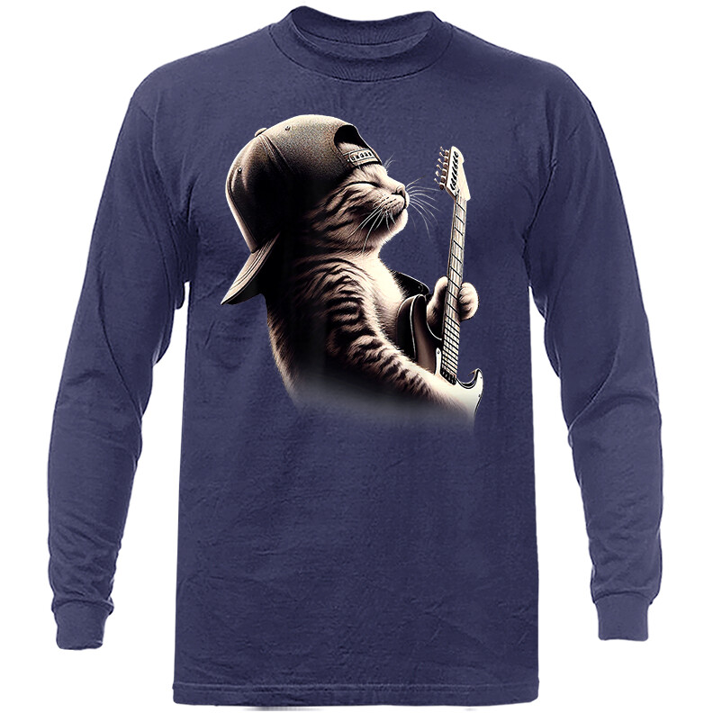 Cat Playing Guitar Rock Music Band Funny Animals Graphic Long Sleeve