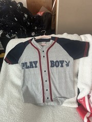 PLAYBOY BASEBALL JERSEY GREY/NAVY RED TRIM 90% COTTON MEDIUM VTG 2003 NEW PICS