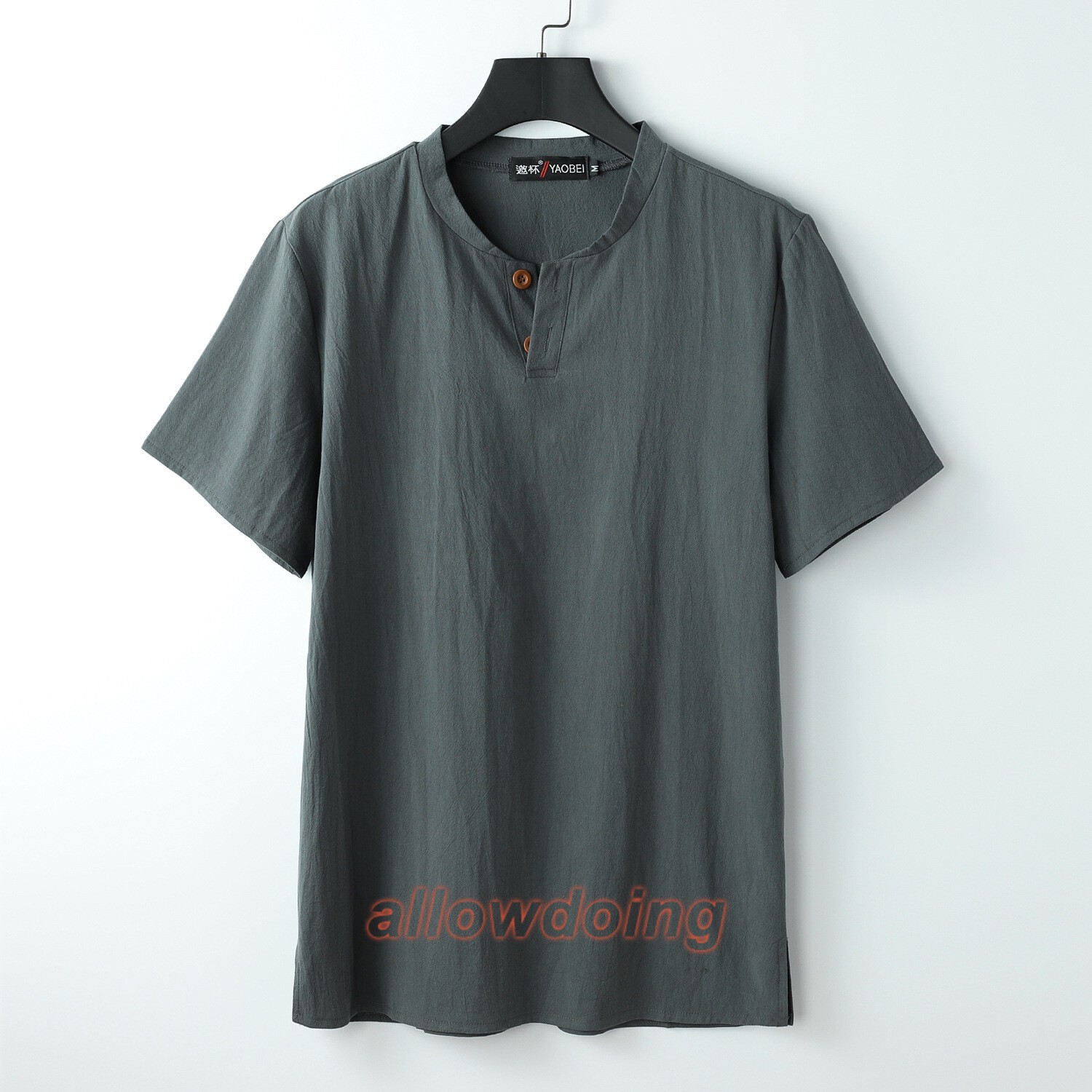 Men's Stand-up Collar Short Sleeve Cotton Hemp Summer T-shirt Loose Linen V-neck gallery