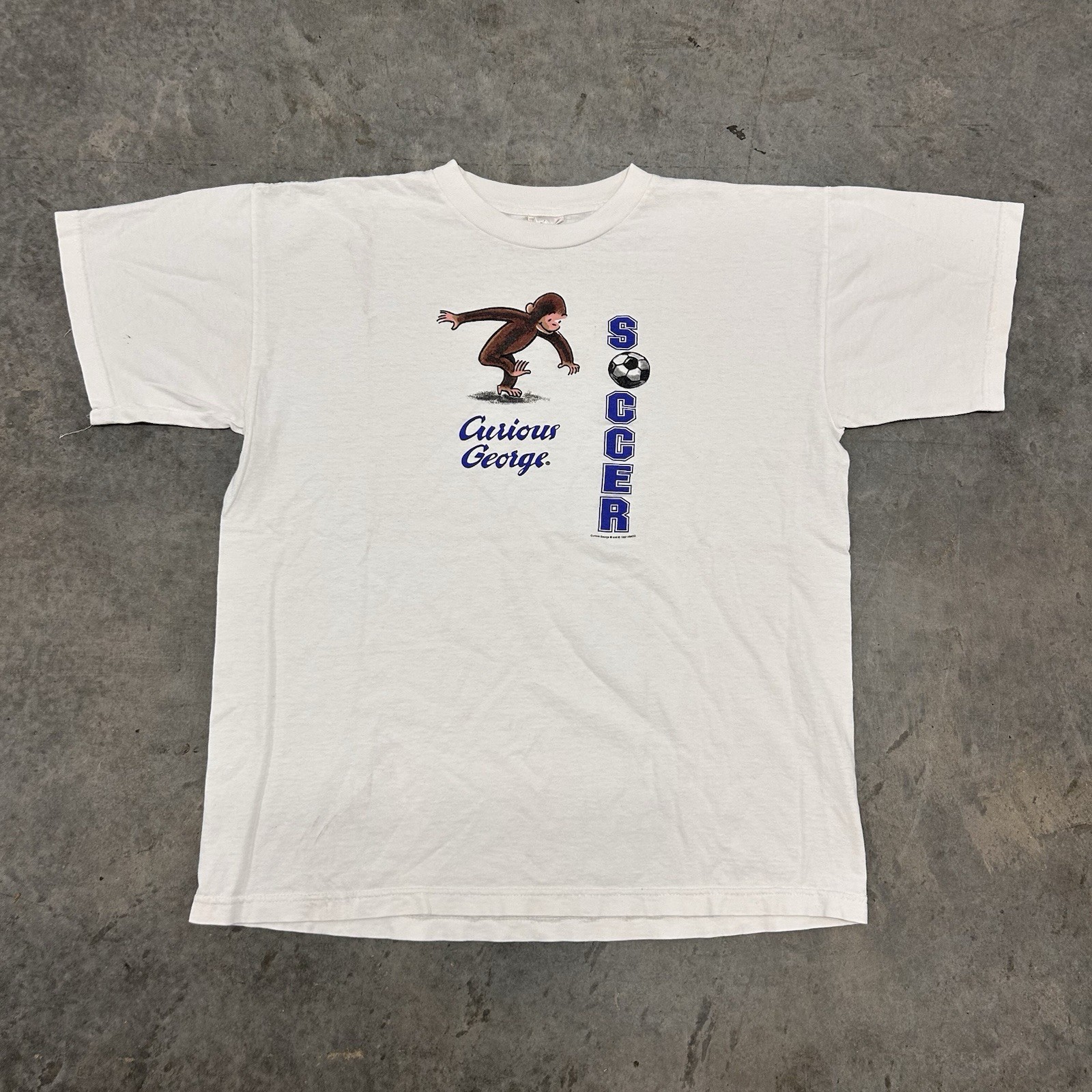 Vintage 1997 Curious George Shirt L 90s Cartoon Soccer Ether Funny TV Show HMCo