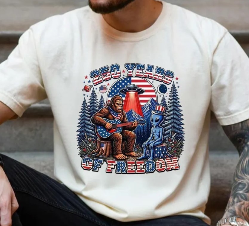 Patriotic Bigfoot Alien 250 Years of Freedom Bigfoot Plays Guitar T-Shirt S-5X gallery