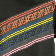 Fendi Black T-shirt Diagonal Multicolor FF Logo Stripe Pattern Print Size 52 Med