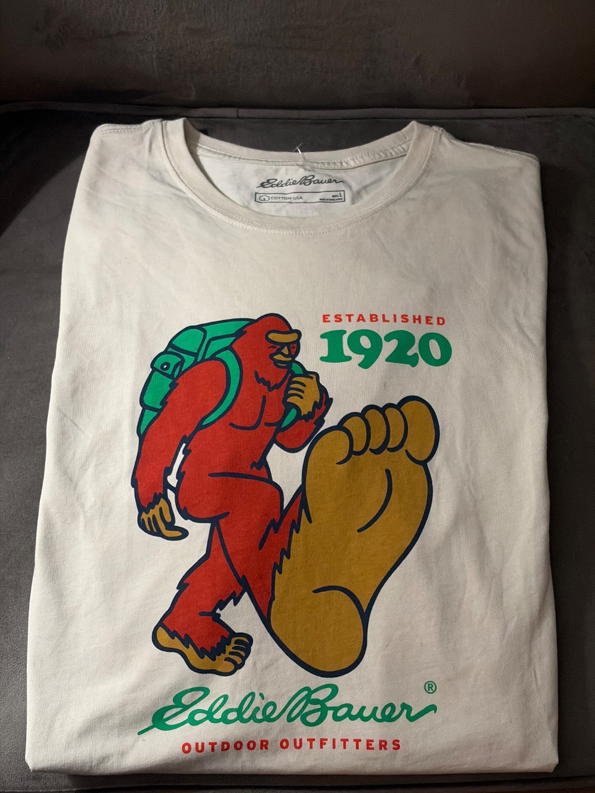 Eddie Bauer Sasquatch t-shirt features a red bigfoot graphic with a g gallery