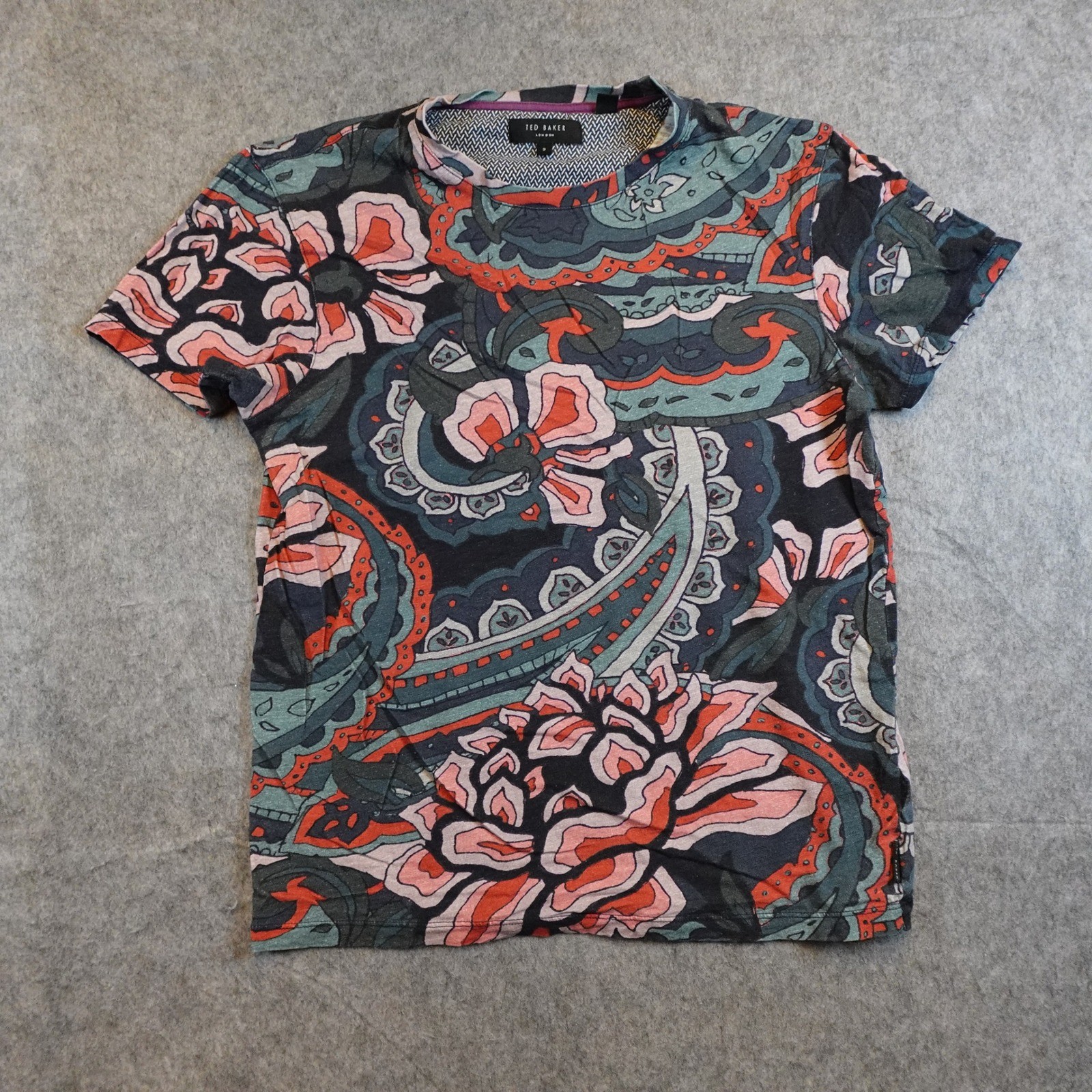 Ted Baker Shirt Mens US Small 2 Blue Pink Batsby Paisley Floral Short Sleeve Tee gallery