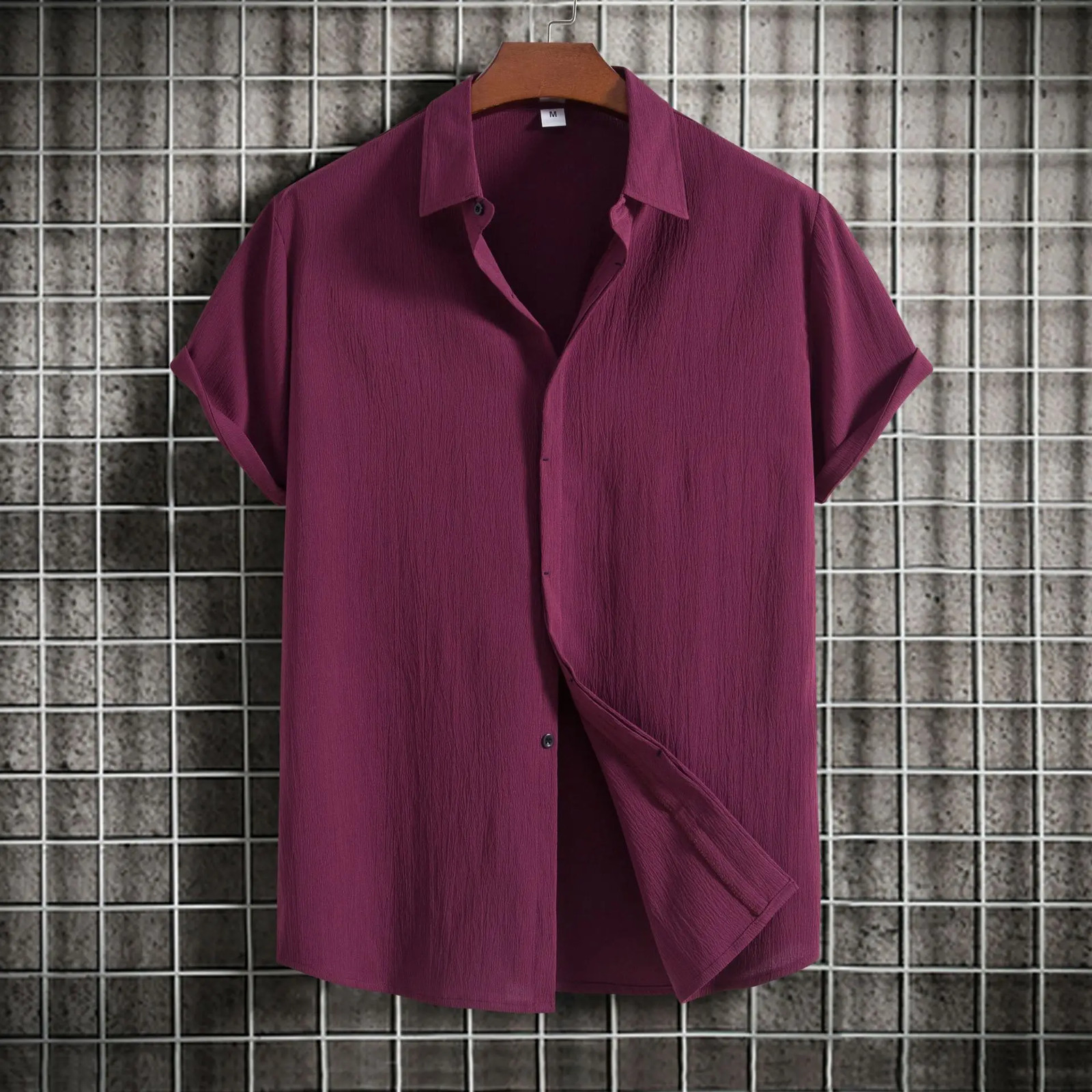 Loose Fit Pure Color Button up Short Sleeve Men's Shirt Summer New Arrival Clean gallery