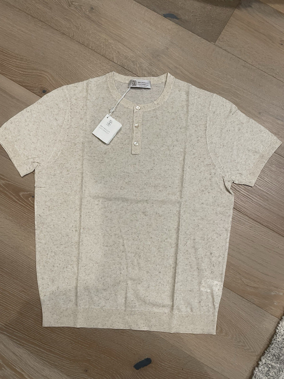Brunello Cucinelli Men’s M Solid Beige Knit Short Sleeve Henley T-Shirt