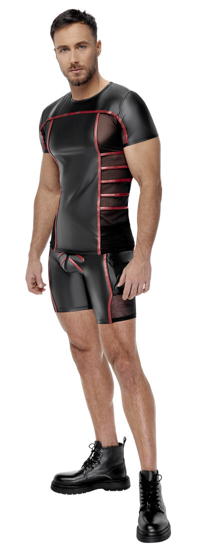 Mens Shirt With Red Stripes In Black Wet Look With Mesh Inserts At The Sides gallery