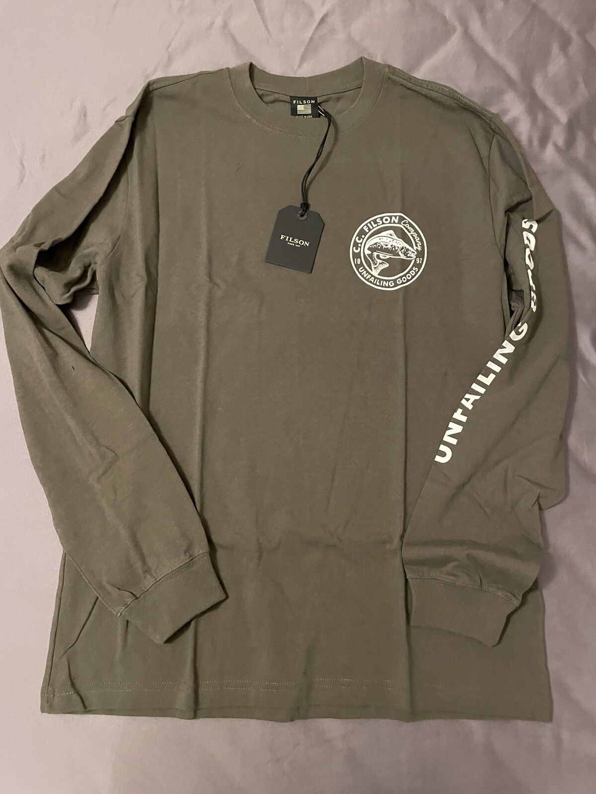 New! $60 Filson Pioneer Graphic Long Sleeve T-shirt Mens Sz M Made In USA. Olive gallery