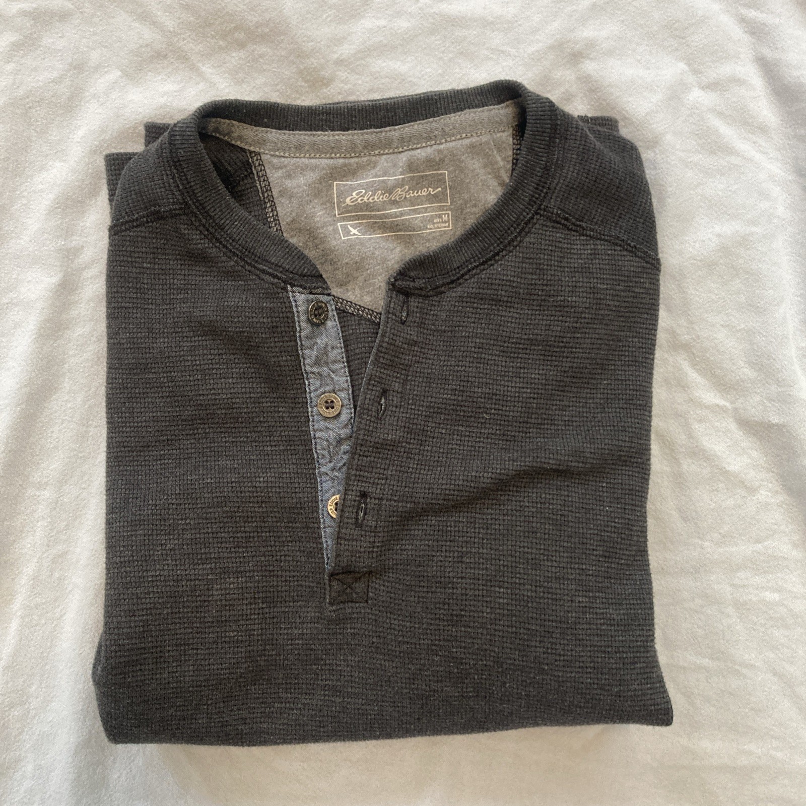 Eddie Bauer Waffle Henley Pullover Men's Medium Black Button Long Sleeve Outdoor gallery