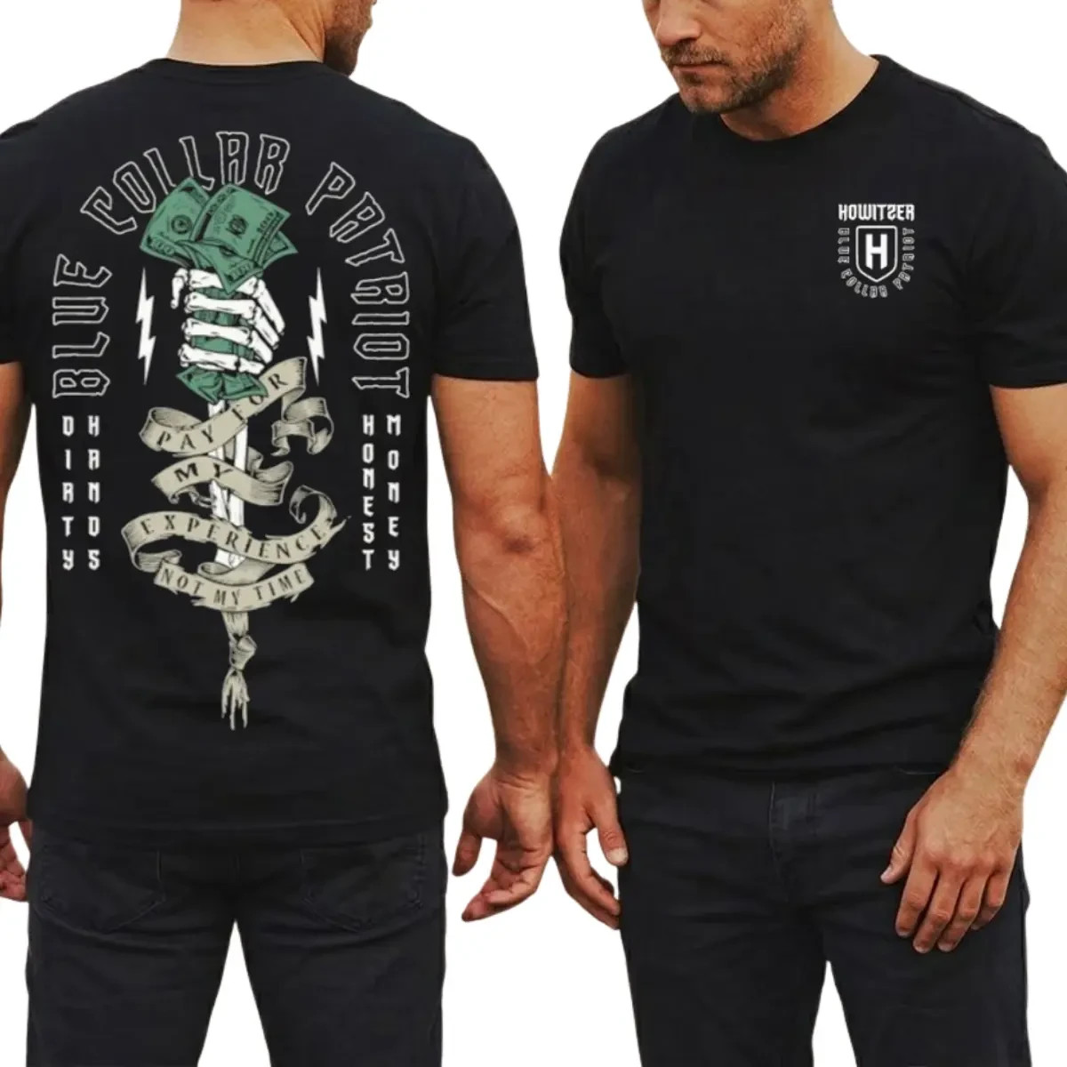 Blue Collar Patriot Graphic T Shirt 2 Sides, Money Skull Hand Back Print Dirty