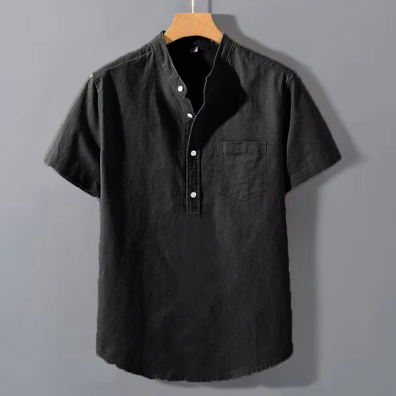 Men's Breathable Cotton Stand Collar T-Shirt Summer Casual Loose Fit Top Outfits gallery