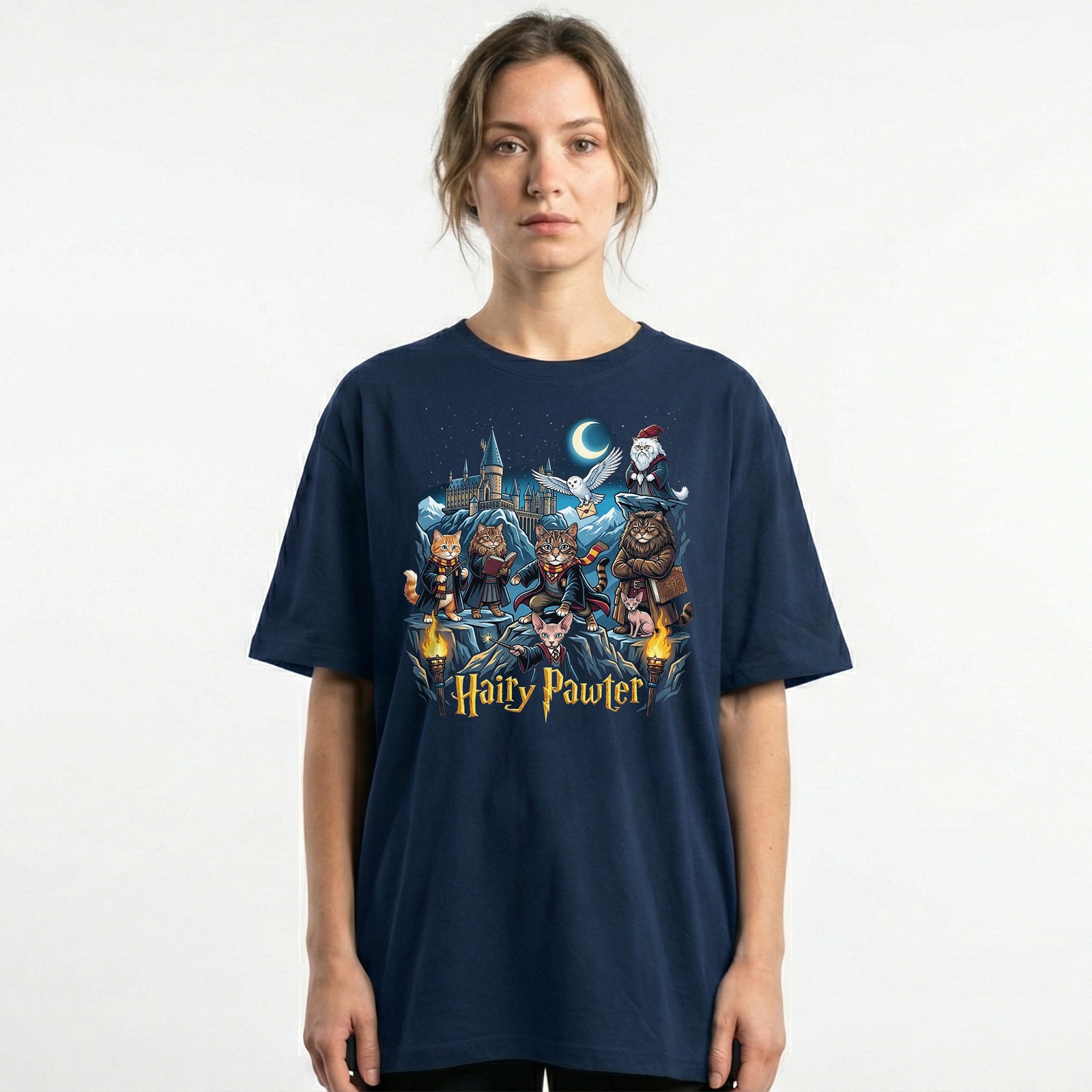 Hairy Pawter Wizard Magic Cat t-shirt Hogwarts Castle Kitten Owl Fantasy tee gallery