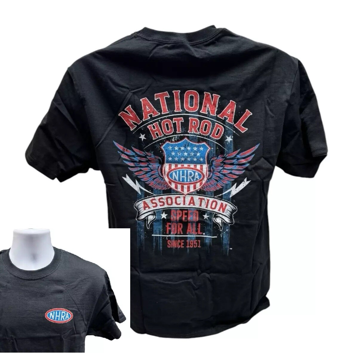NHRA Drag Racing Vintage Speed For All American Flag Black T-Shirt gallery