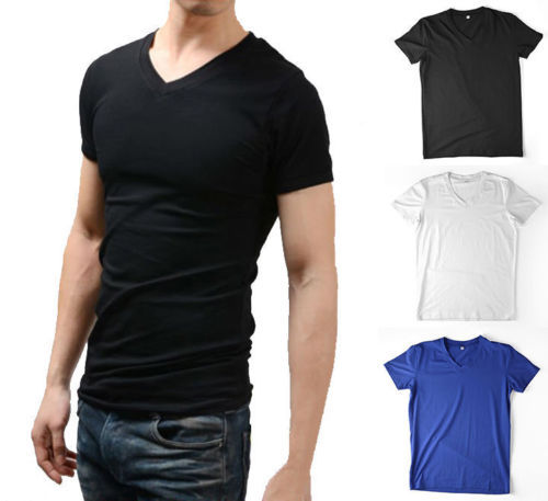 New Mens T-shirts V-neck Tee Classic Fit Muscle Top Spandex Solid XS S M L XL gallery