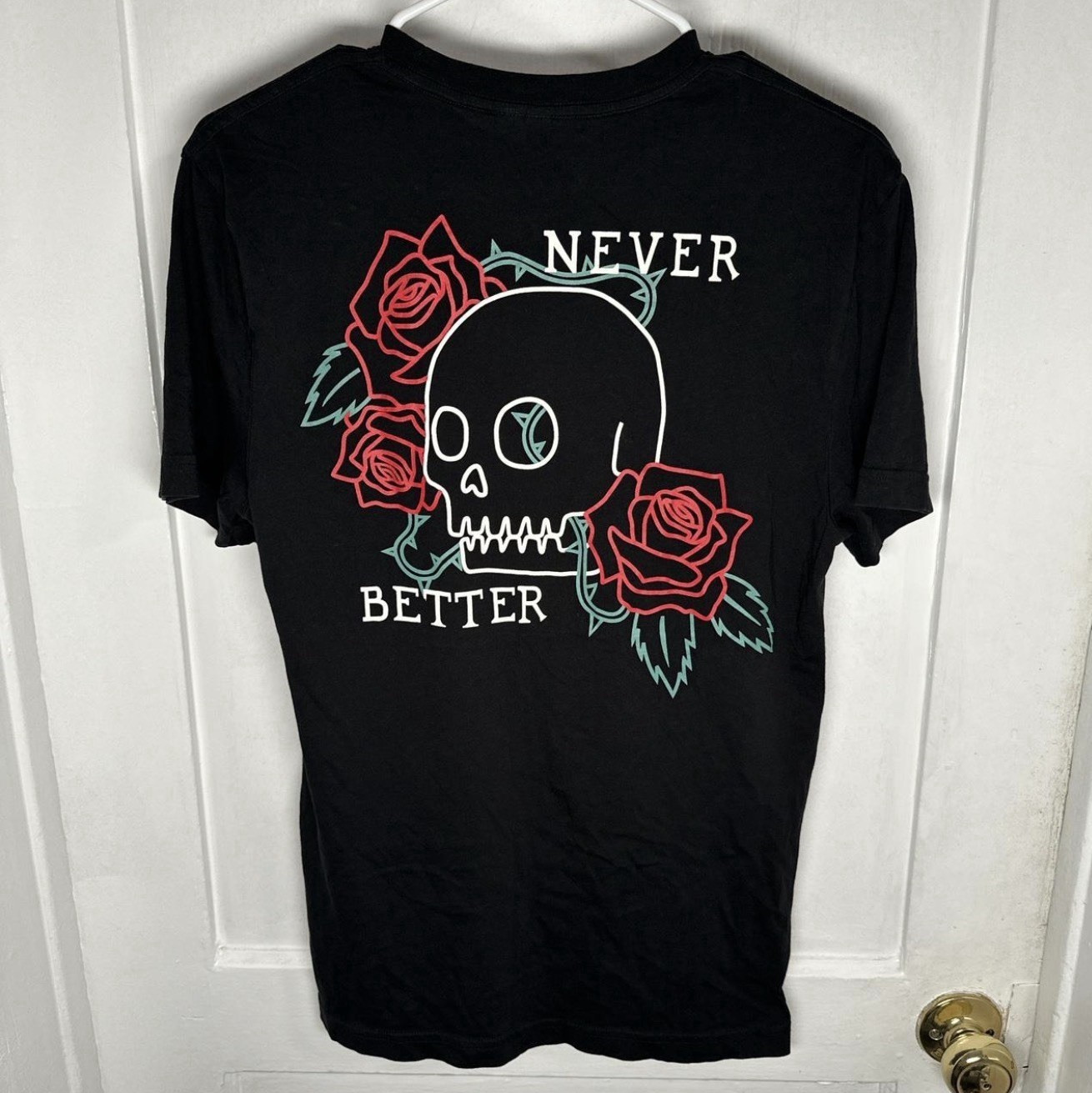 H&M Men’s XS Black "Never Better" Skull Rose Graphic Crew Neck Short Sleeve Tee gallery