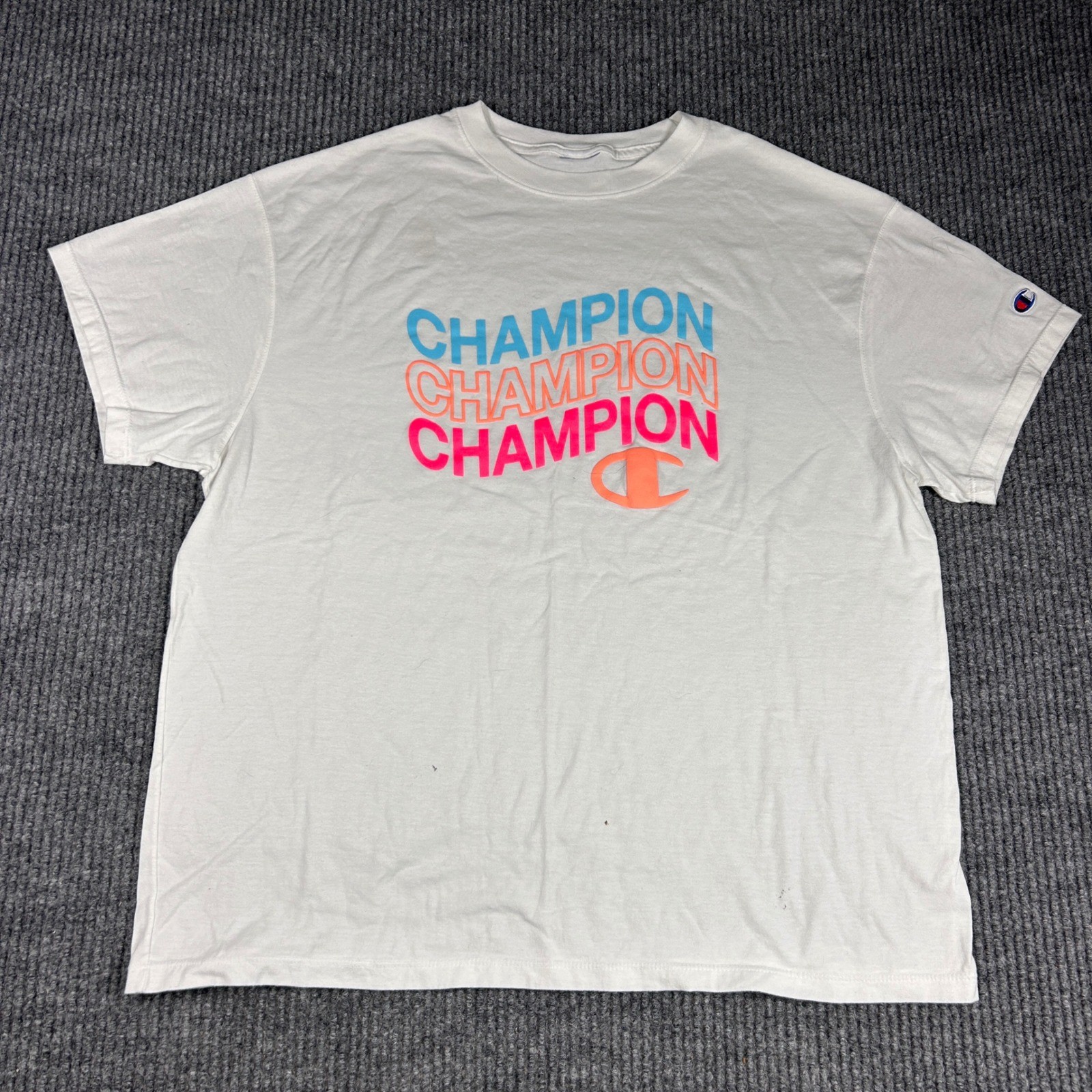 Champion Shirt Mens XL White Graphic Neon Pink Blue Orange Logo Tee