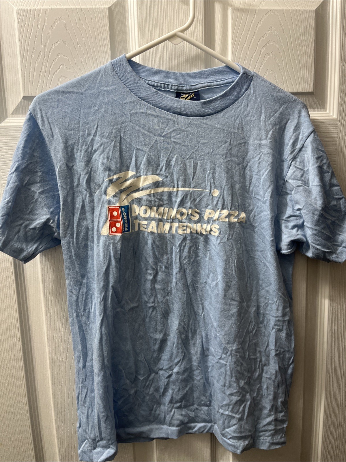 Vintage 1980s Dominos Pizza Team Tennis Promo T-Shirt L Blue Single Stitch USA gallery