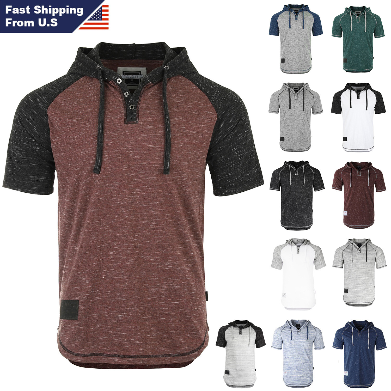 ZIMEGO Mens Short Sleeve Hoodie - Color Block Hooded Henley Shirt gallery
