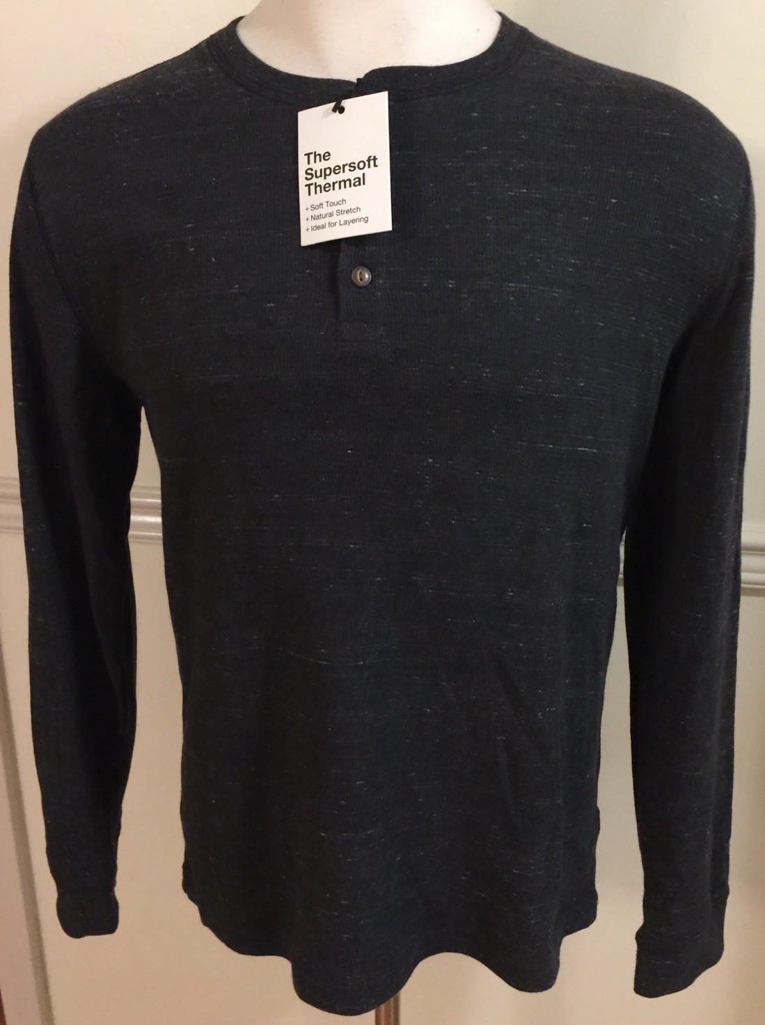 NWT Sonoma Men Cotton Blend Shirt Henley Waffle Thermal L/S L Dark Gray Heather gallery