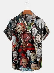 Mens Button Down Shirts Horror Pattern Printed Hawaiian Tops Novelty Ugly Gift