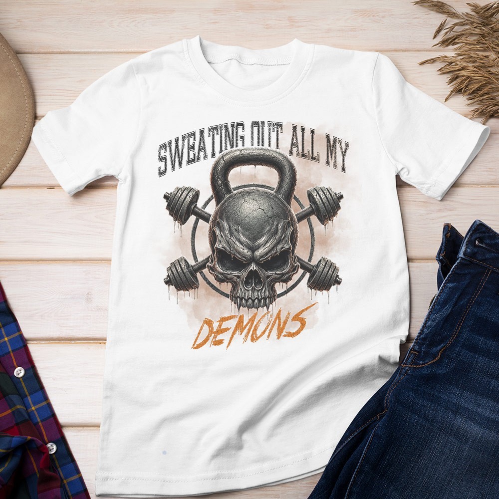 Retro Sweating Out My Demons Unisex T-shirt | Gym Skull Lover Gifts for Men gallery